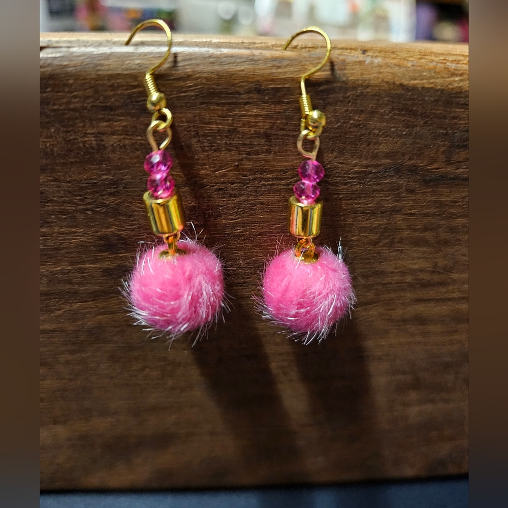 Gold & Hot Pink Pom Earrings 18k Gold Plate Earring Hooks New